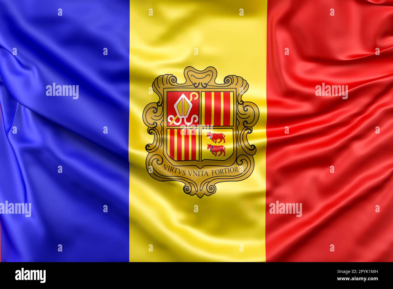 Die geraffte Flagge von Andorra. 3D-Rendering Stockfoto