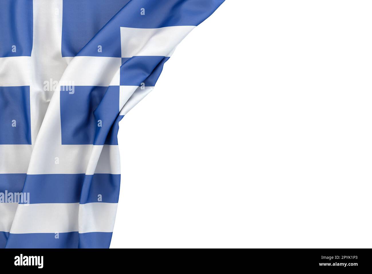 Griechische Flagge in der Ecke auf weißem Hintergrund. 3D-Rendering. Isoliert Stockfoto