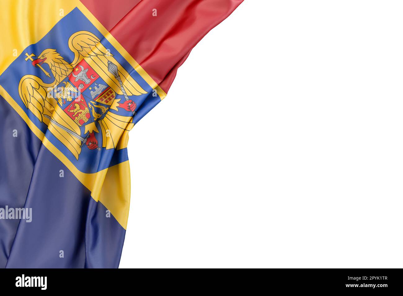 Rumänische Flagge mit Wappen in der Ecke auf weißem Hintergrund. 3D-Rendering. Isoliert Stockfoto