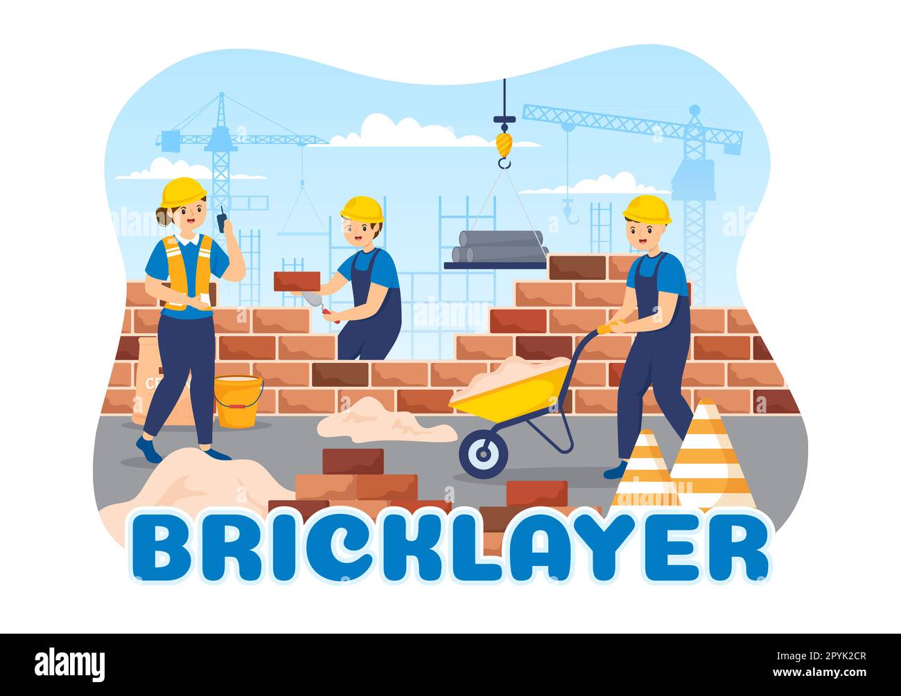 Abbildung eines Maurerarbeiters mit People Construction and Laying Bricks for Building a Wall in Flat Cartoon Hand Drawing Landing Page Templates Stockfoto