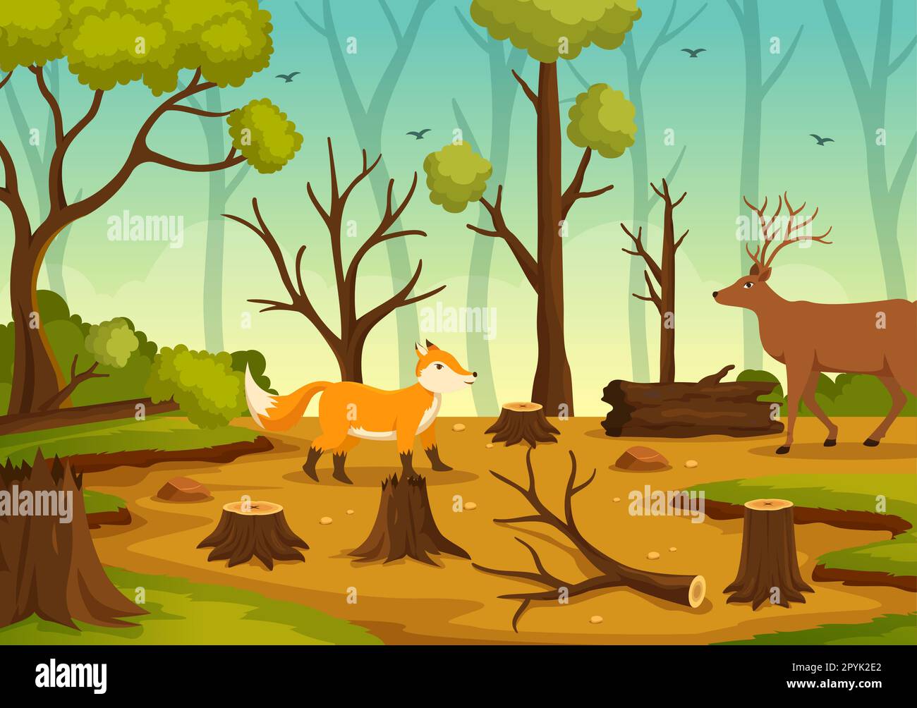 Entwaldung mit Baum im geschliffenen Wald und Verbrennen zur Verschmutzung, die zum Aussterben von Tieren in handgezogenen Schablonen des Cartoon führt Stockfoto
