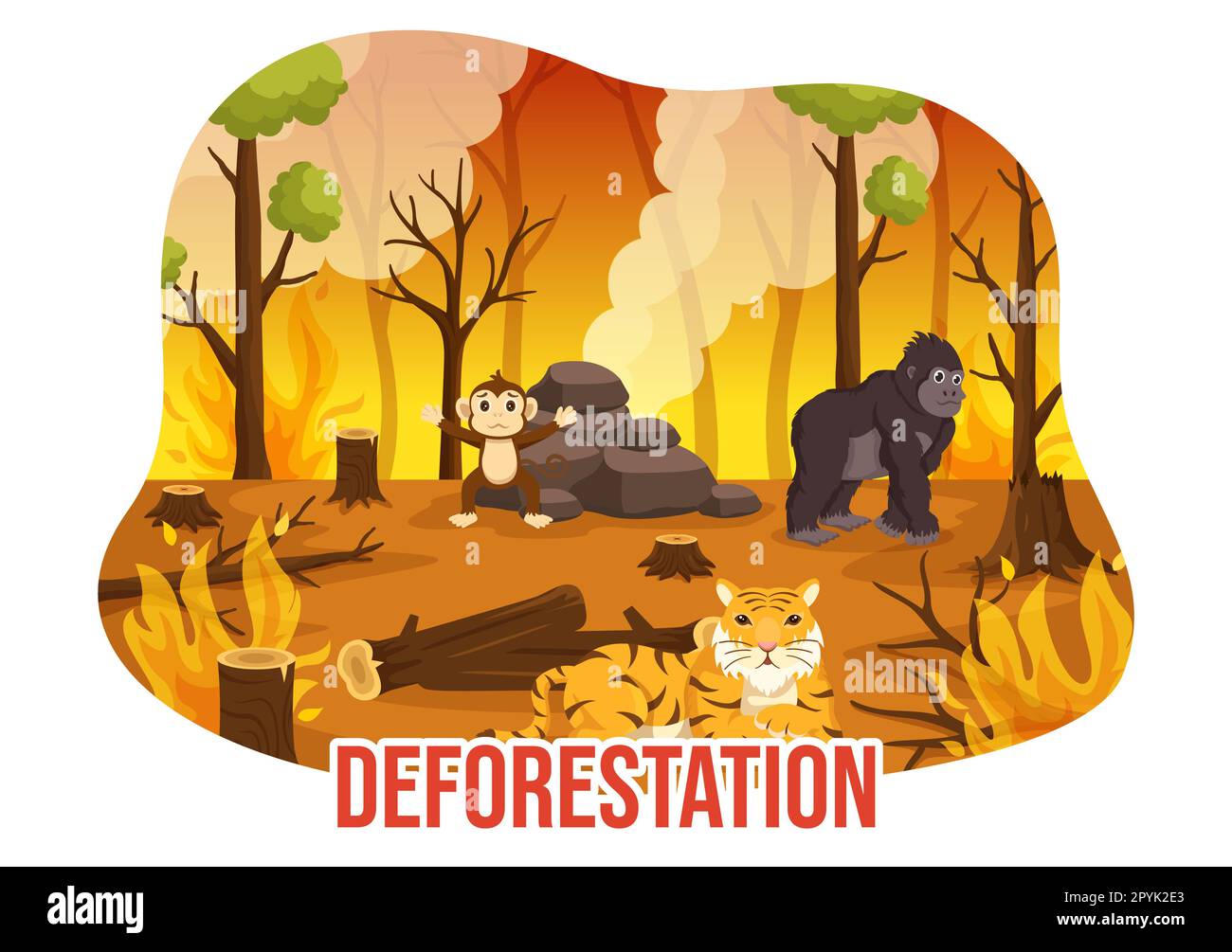 Entwaldung mit Baum im geschliffenen Wald und Verbrennen zur Verschmutzung, die zum Aussterben von Tieren in handgezogenen Schablonen des Cartoon führt Stockfoto