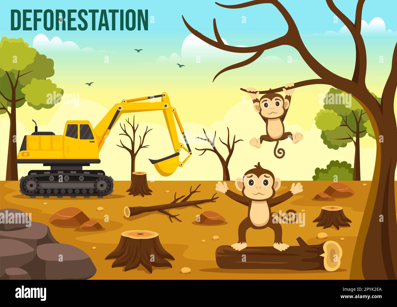 Entwaldung mit Baum im geschliffenen Wald und Verbrennen zur Verschmutzung, die zum Aussterben von Tieren in handgezogenen Schablonen des Cartoon führt Stockfoto