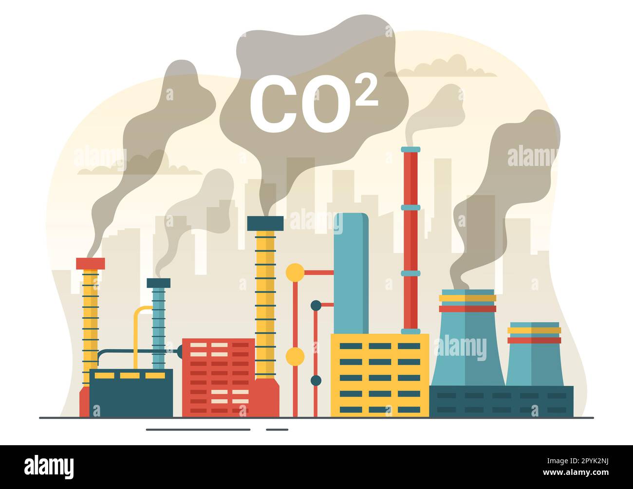 Kohlendioxid oder CO2-Illustration zur Rettung der Erde vor dem Klimawandel als Folge von Fabrik- und Fahrzeugverschmutzung in handgezogenen Vorlagen Stockfoto