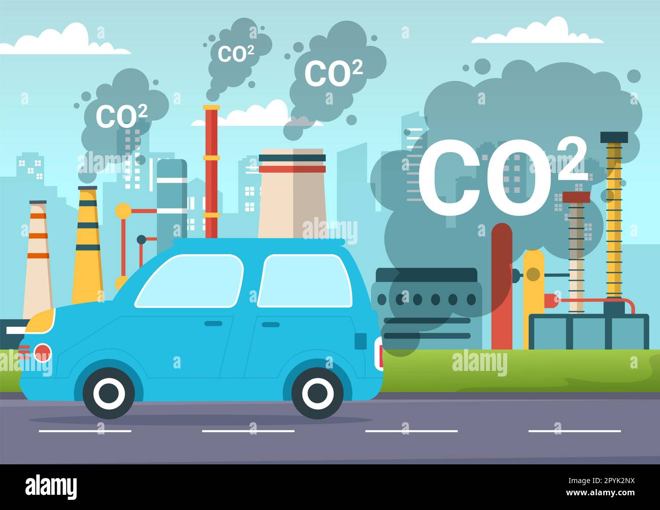 Kohlendioxid oder CO2-Illustration zur Rettung der Erde vor dem Klimawandel als Folge von Fabrik- und Fahrzeugverschmutzung in handgezogenen Vorlagen Stockfoto