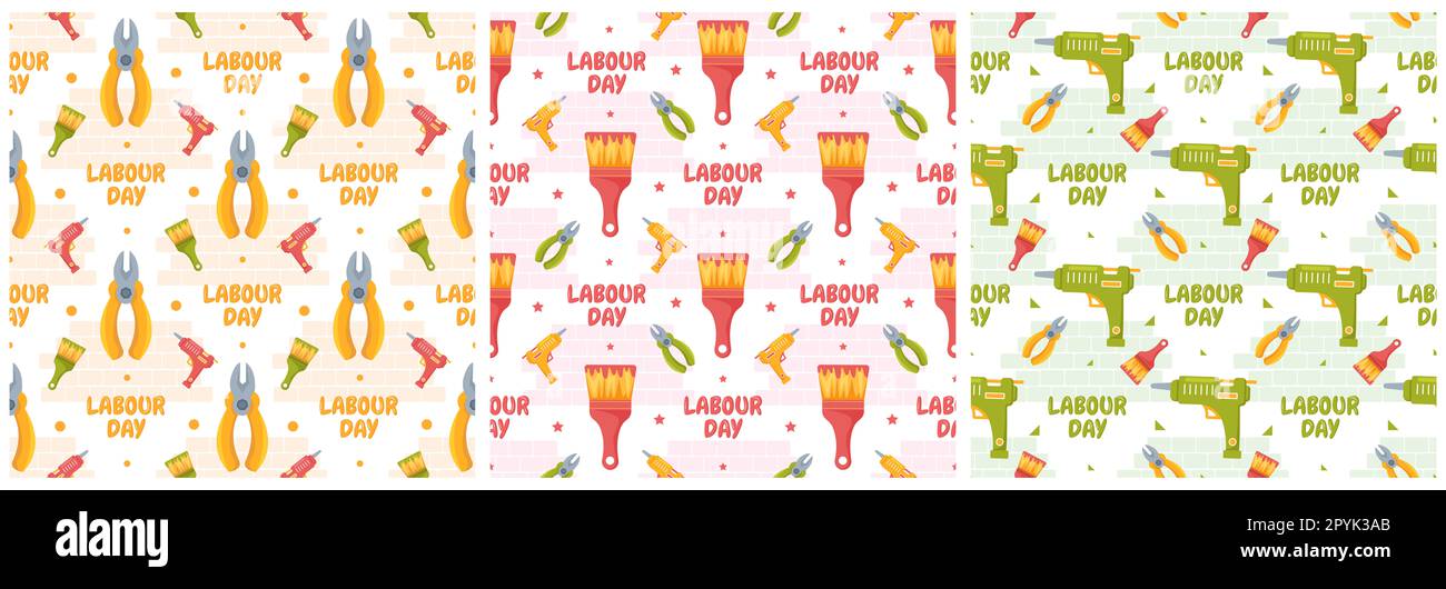 Set von Happy Labor Day Seamless Pattern Design Illustration mit verschiedenen Berufen in der Elementvorlage handgezeichnet Stockfoto