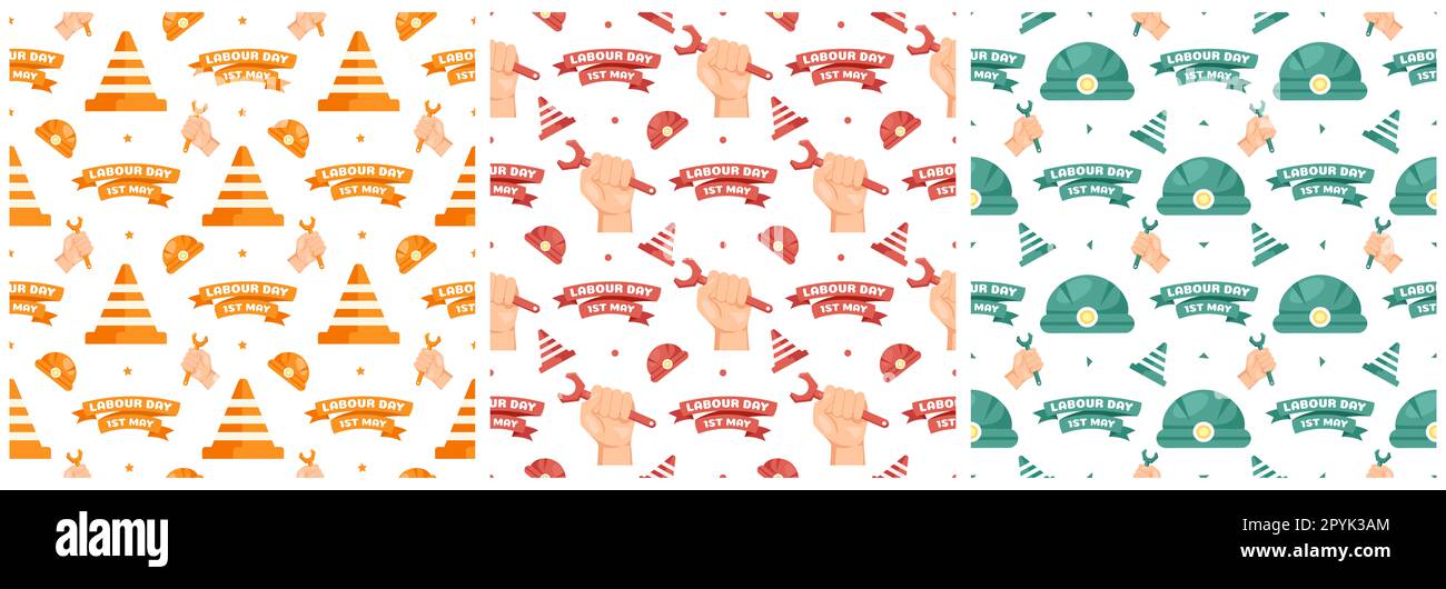 Set von Happy Labor Day Seamless Pattern Design Illustration mit verschiedenen Berufen in der Elementvorlage handgezeichnet Stockfoto