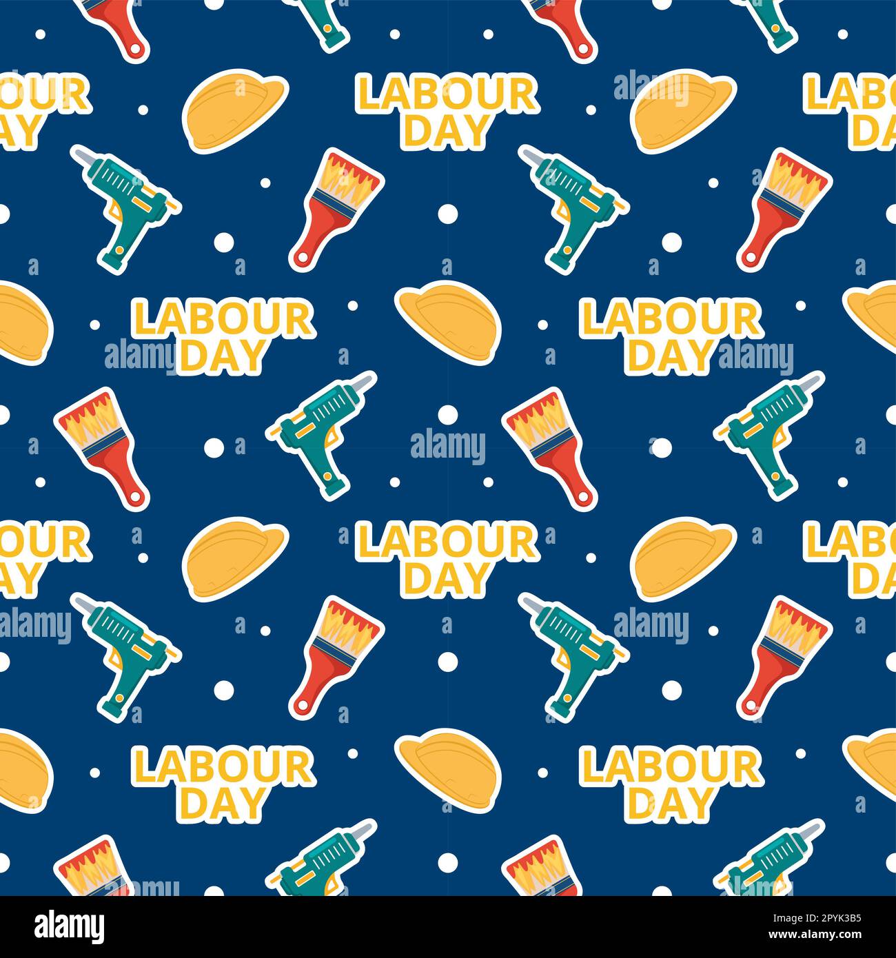 „Happy Labor Day“ (alles gute zum Tag der Arbeit) – Illustration des nahtlosen Musters mit verschiedenen Berufen in der handgezeichneten Elementvorlage Stockfoto