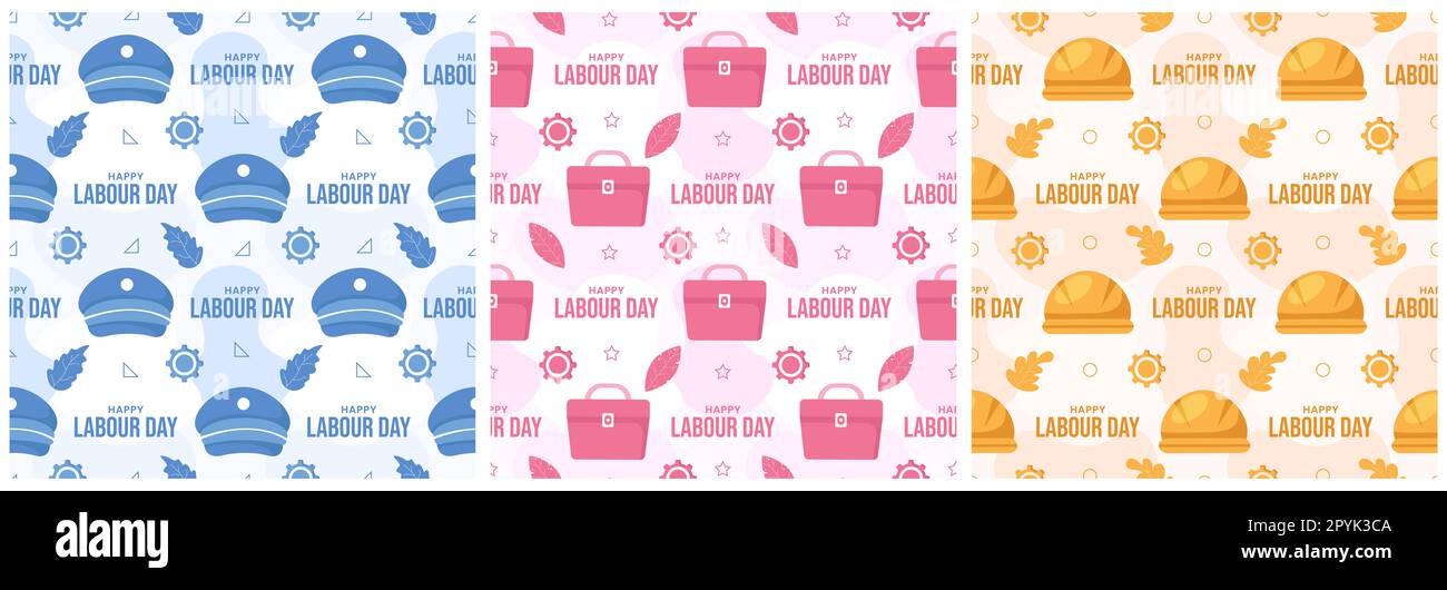 Set von Happy Labor Day Seamless Pattern Design Illustration mit verschiedenen Berufen in der Elementvorlage handgezeichnet Stockfoto