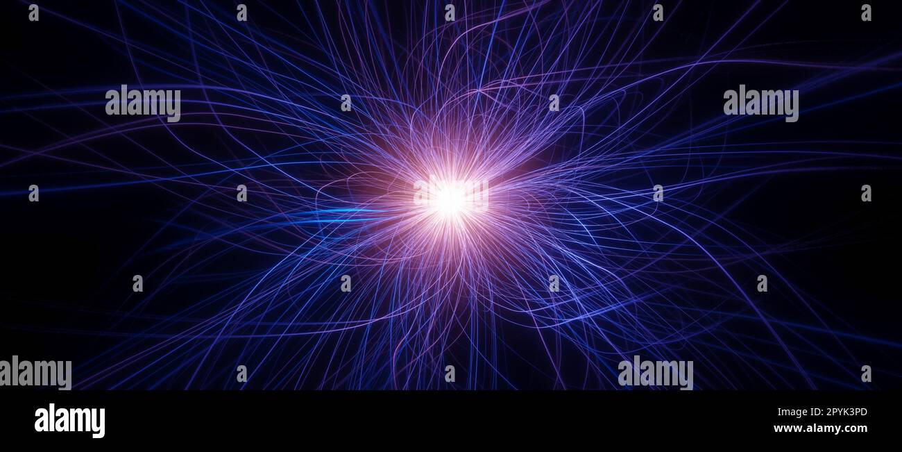 Abstrakte Visualisierung einer lila leuchtenden Kugel mit langen, lockigen Tendrils, Science-Fiction-Konzept, neuronzelle oder Synapse, Atomen oder Partikeln Stockfoto