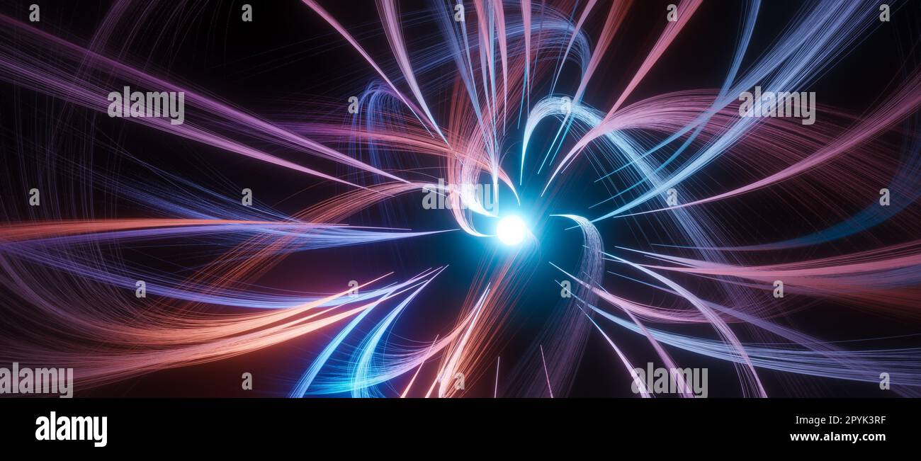 Abstrakte 3D-Darstellung einer leuchtend blauen violetten Kugel mit langen, lockigen Tendrils, Wissenschafts- oder Forschungskonzept, neuronzellen- oder Synapsenvisualisierung Stockfoto