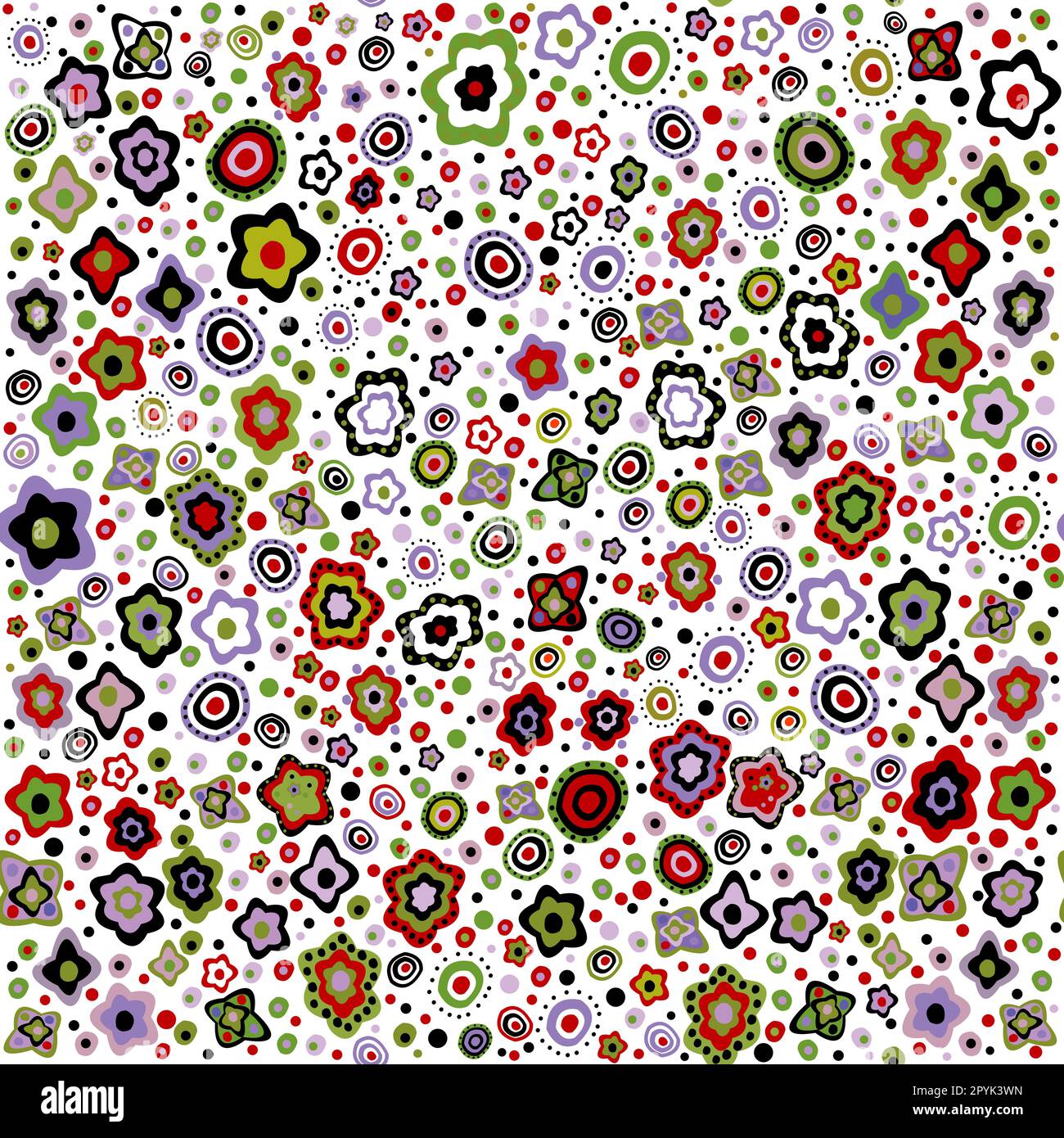 Nahtloses Muster mit zarten Blumen im kindischen Stil mit Punkten und Kreisen auf weißem Hintergrund Stockfoto