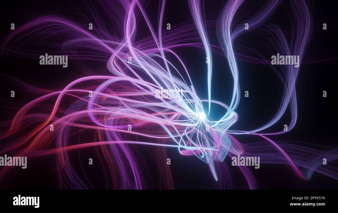 Abstrakte 3D-Darstellung einer leuchtenden lilafarbenen Kugel mit langen gewellten Tendrils, Wissenschafts- oder Forschungskonzept, neuronzelle oder Synapse-Visualisierung Stockfoto