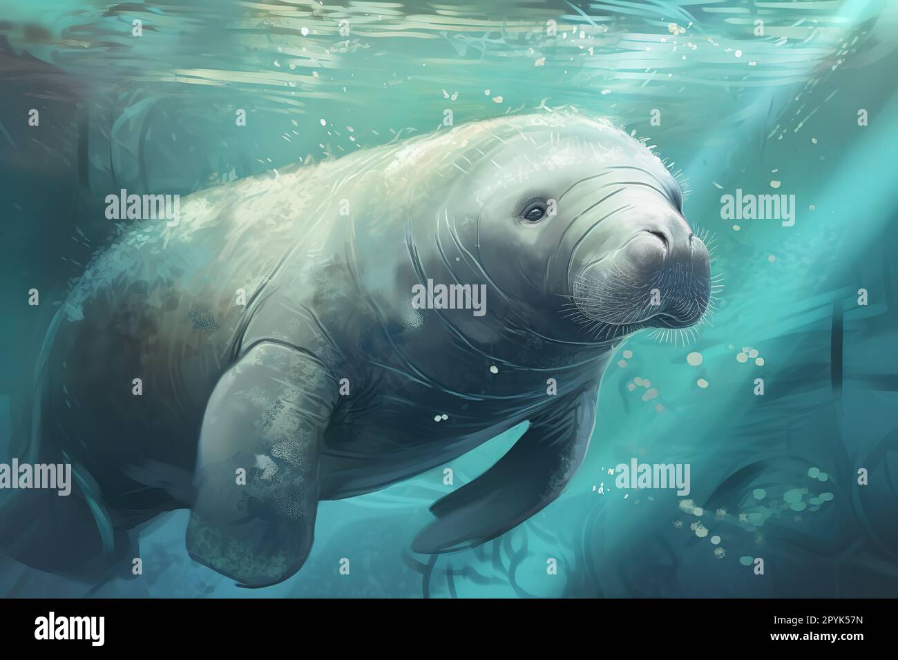 Eine neugierige und freundliche Seekühe, die im Meer schwimmt - Diese