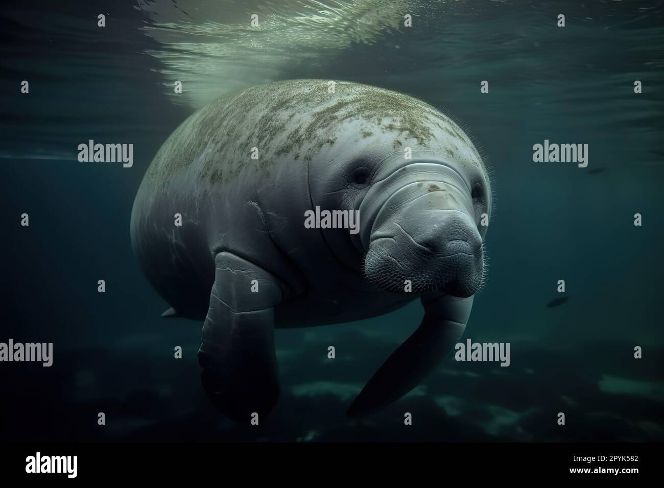 Eine neugierige und freundliche Seekühe, die im Meer schwimmt - Diese