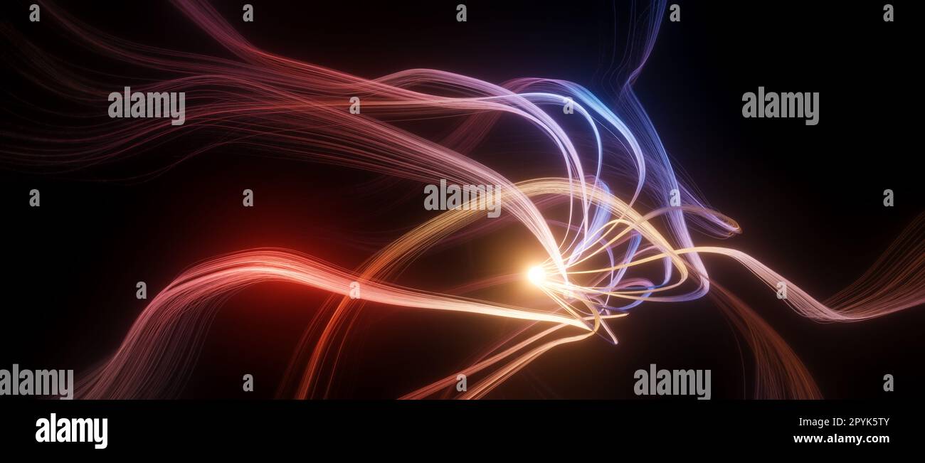 Abstrakte 3D-Darstellung einer leuchtenden roten gelben Kugel mit langen, geschwungenen Tendrils, Wissenschafts- oder Forschungskonzept, neuronzelle oder Synapse-Visualisierung Stockfoto