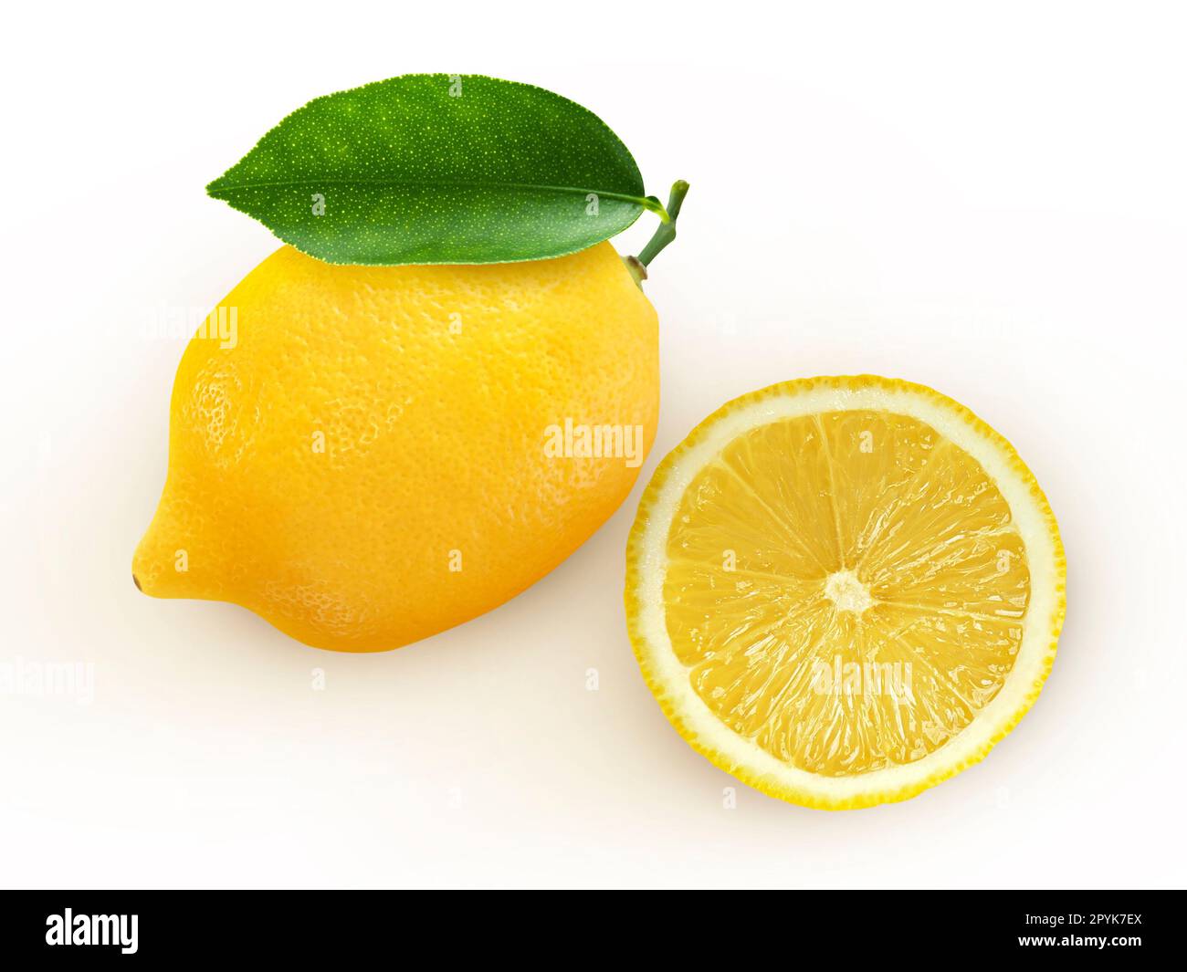 Frische Zitronenfrüchte und Scheiben isoliert auf weißem Hintergrund, saftige Zitrone. Stockfoto