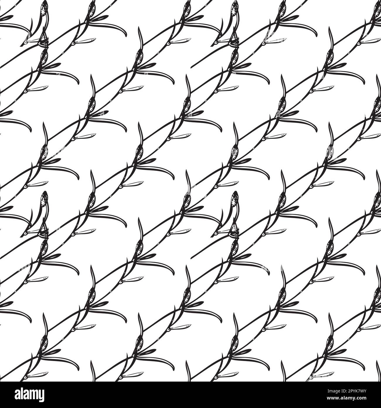 Handgezeichnete botanische Blumenpflanze mit nahtlosem Muster. Abstrakter Frühjahrshintergrund. Kreativer Doodle-Style. Grafikdesign Tapete, Verpackung, wir Stockfoto