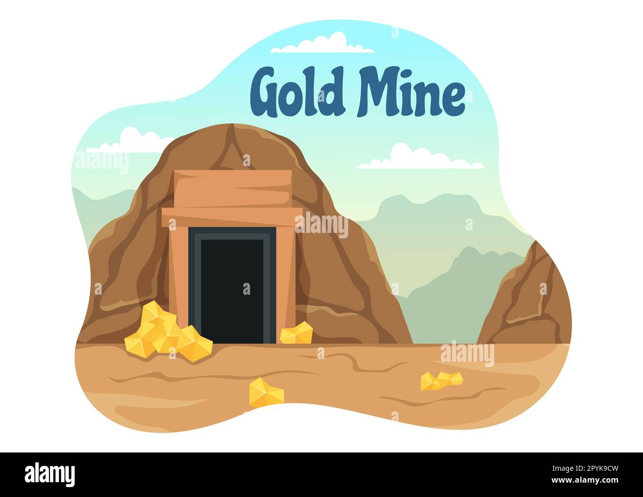 Abbildung der Goldmine mit Aktivitäten der Bergbauindustrie für Schätze, einen Haufen Münzen, Schmuck und Edelsteine in handgezeichneten Landing-Page-Vorlagen für flache Cartoons Stockfoto