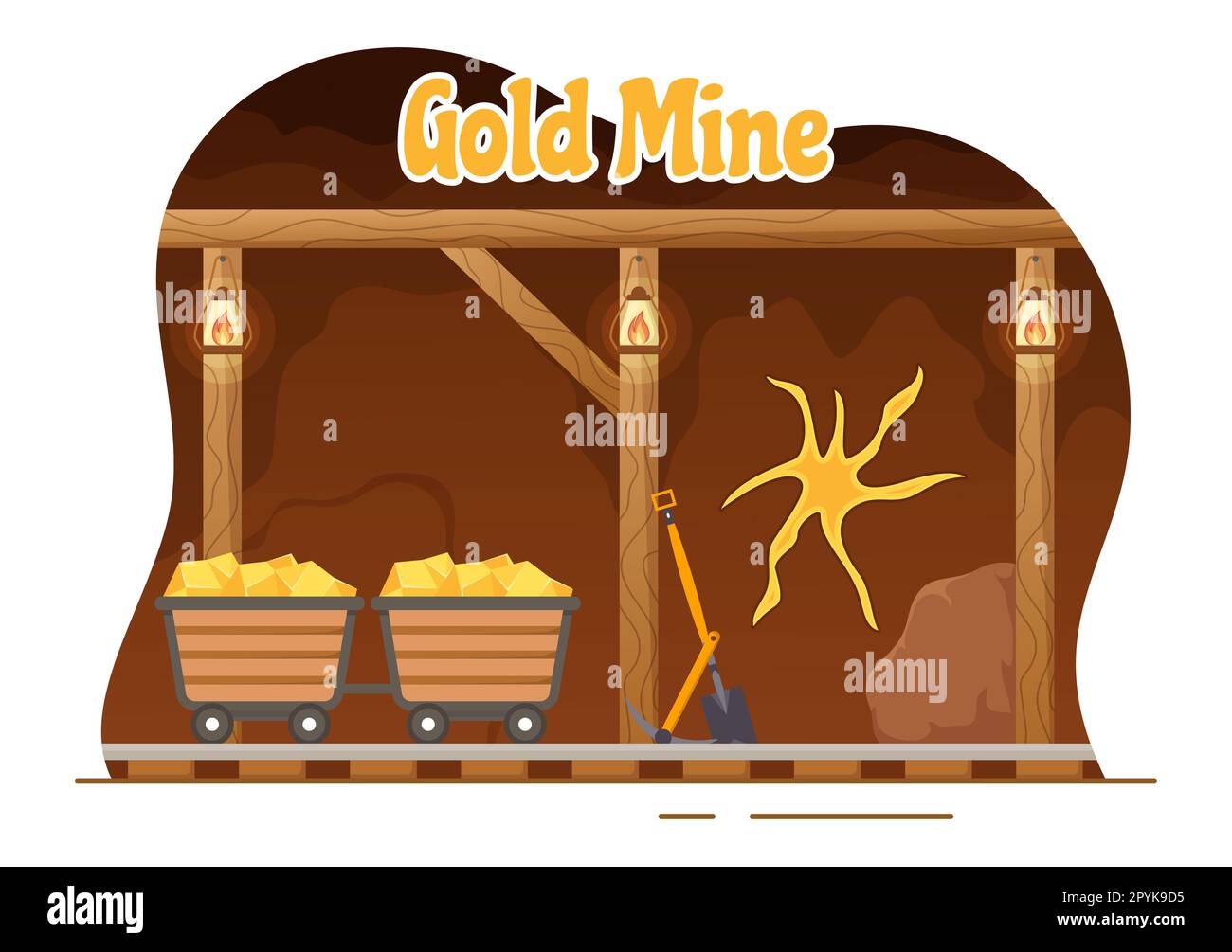 Abbildung der Goldmine mit Aktivitäten der Bergbauindustrie für Schätze, einen Haufen Münzen, Schmuck und Edelsteine in handgezeichneten Landing-Page-Vorlagen für flache Cartoons Stockfoto