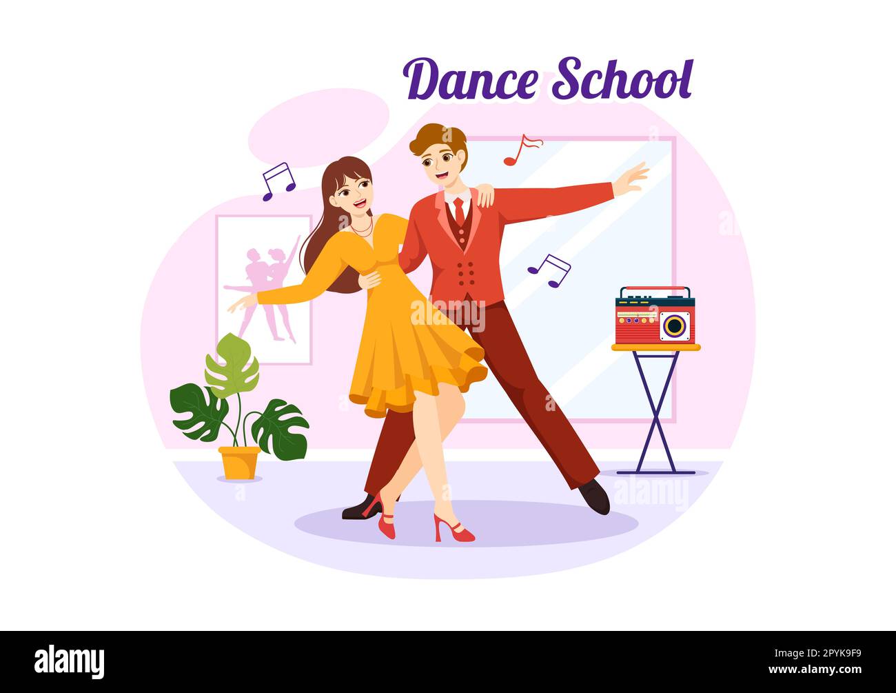Tanzschule Illustration von Menschen Tanzen oder Choreographie mit Musikgeräten im Studio in handgezeichneten Landing-Page-Vorlagen für flache Cartoons Stockfoto