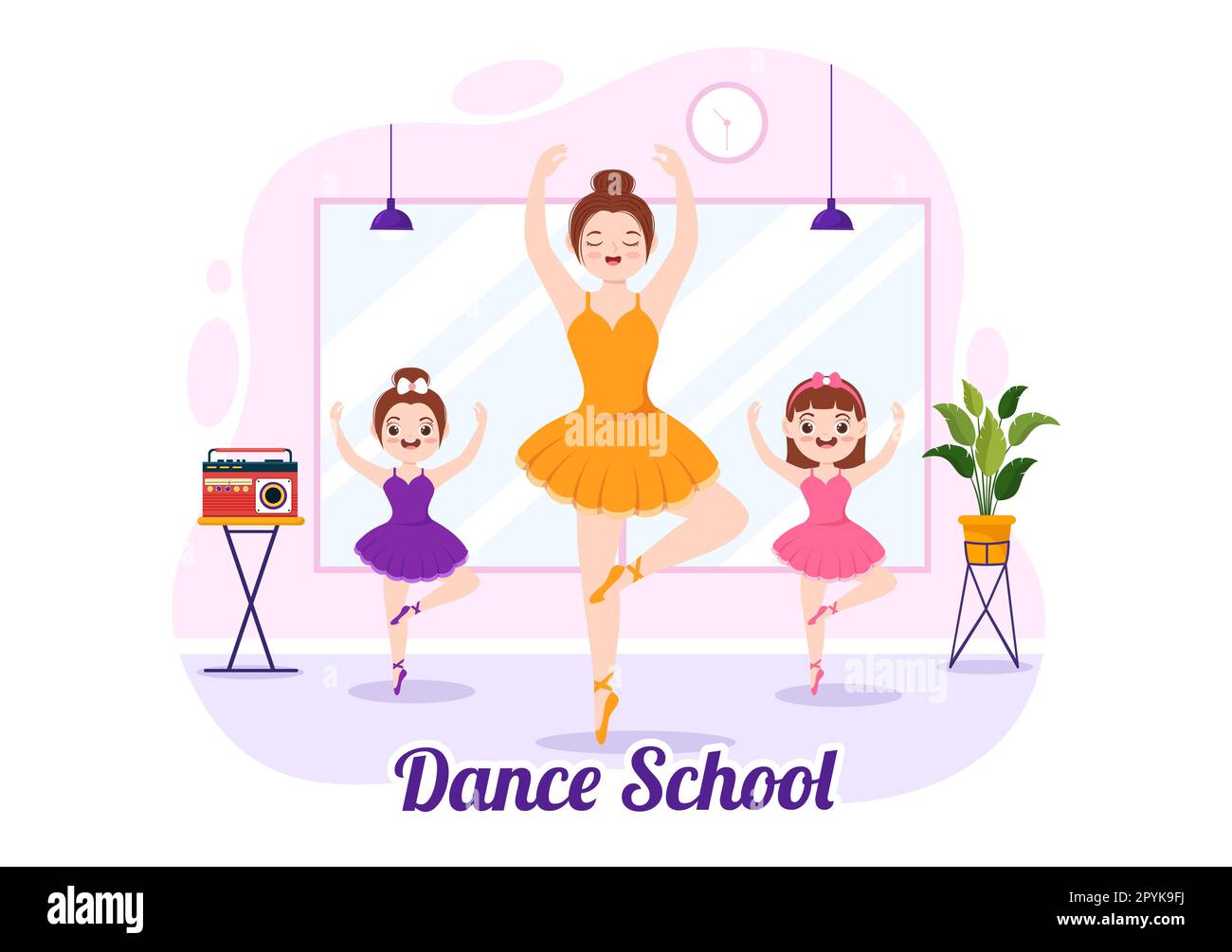 Tanzschule Illustration von Kindertänzern oder Choreographie mit Musikgeräten im Studio in handgezeichneten Landing-Page-Vorlagen für flache Cartoons Stockfoto