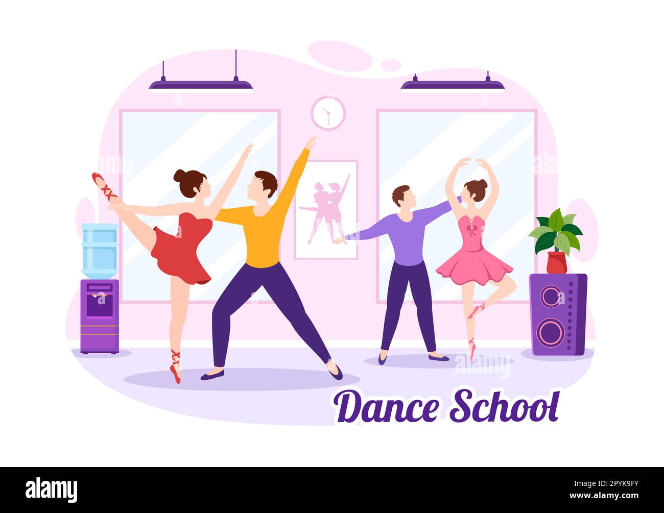 Tanzschule Illustration von Menschen Tanzen oder Choreographie mit Musikgeräten im Studio in handgezeichneten Landing-Page-Vorlagen für flache Cartoons Stockfoto