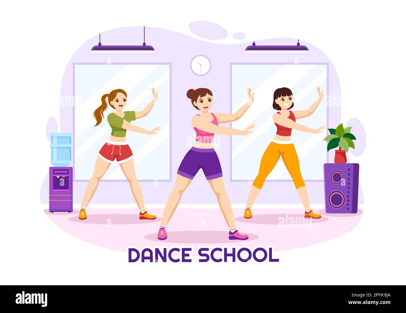 Tanzschule Illustration von Menschen Tanzen oder Choreographie mit Musikgeräten im Studio in handgezeichneten Landing-Page-Vorlagen für flache Cartoons Stockfoto