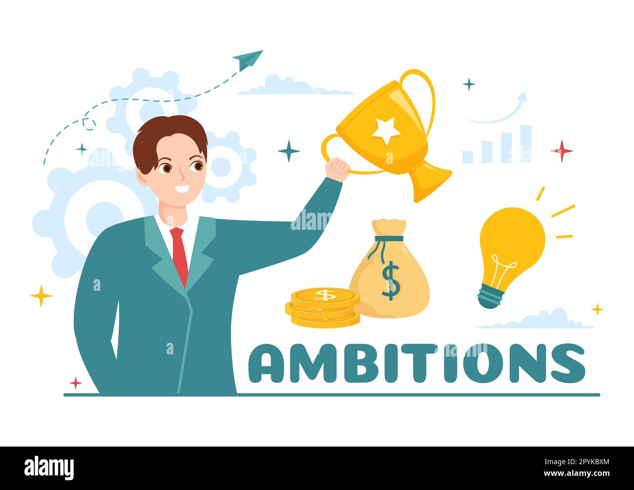 Illustration der Ambition mit Entrepreneur, der die Leiter zum Erfolg und zur beruflichen Weiterentwicklung in der flachen Zeichnungsvorlage für den Geschäftsplan von Cartoon hochklettert Stockfoto