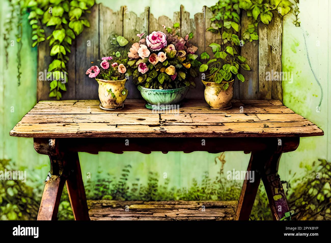 Klassischer Holztisch mit Blumen in Töpfen. Foto im alten Farbbildstil Stockfoto