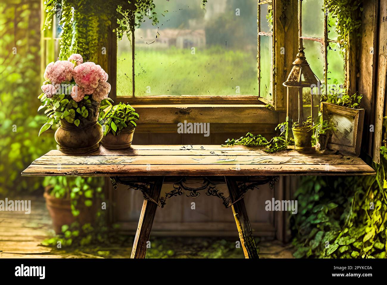 Klassischer Holztisch mit Blumen in Töpfen. Foto im alten Farbbildstil Stockfoto