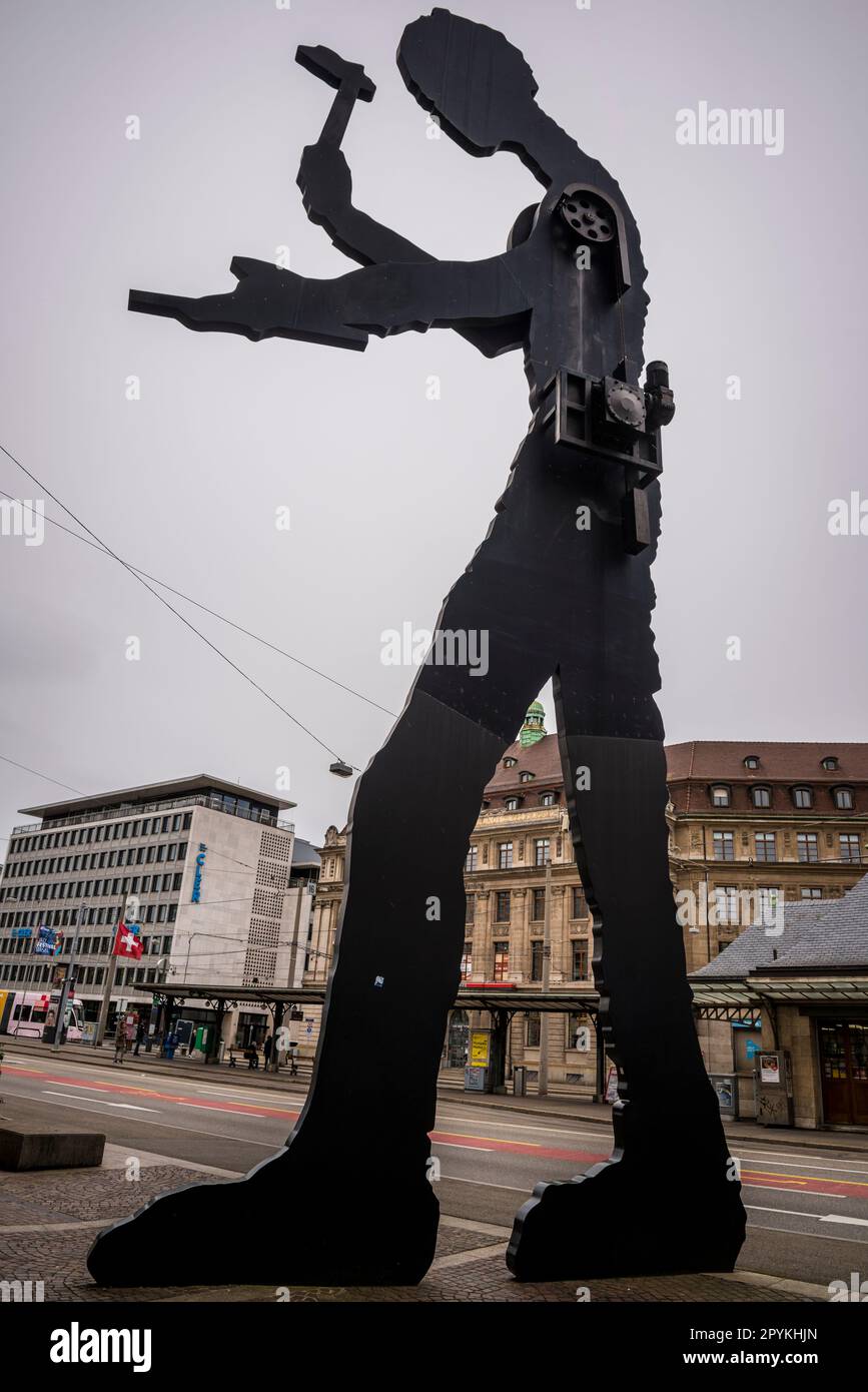 Skulptur 'Hammering man, 1989, von Jonathan Borofsky, Basel, Schweiz Stockfoto