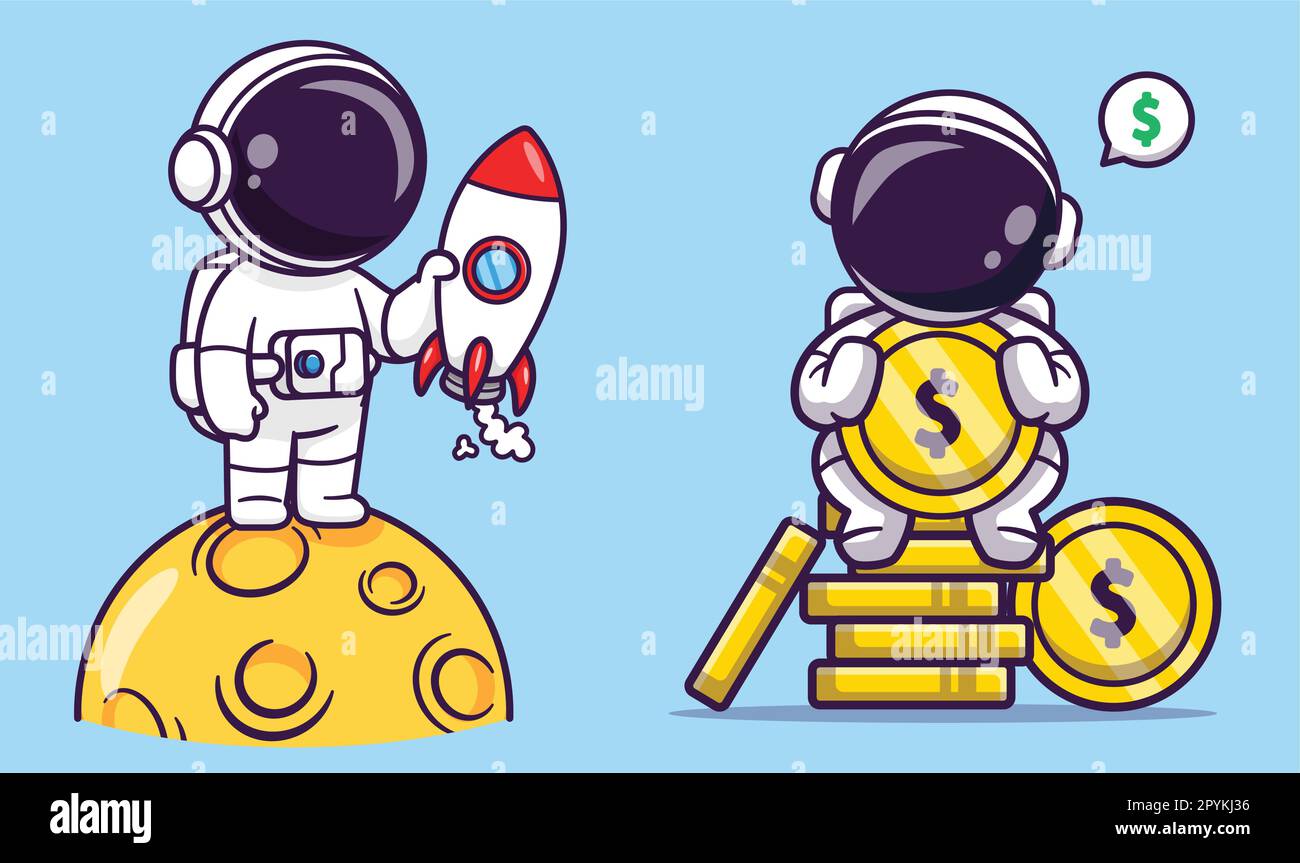 Süßer Astronaut sitzt auf Goldmünze Cartoon Vektorsymbol Illustration Science Business Icon isoliert Stock Vektor