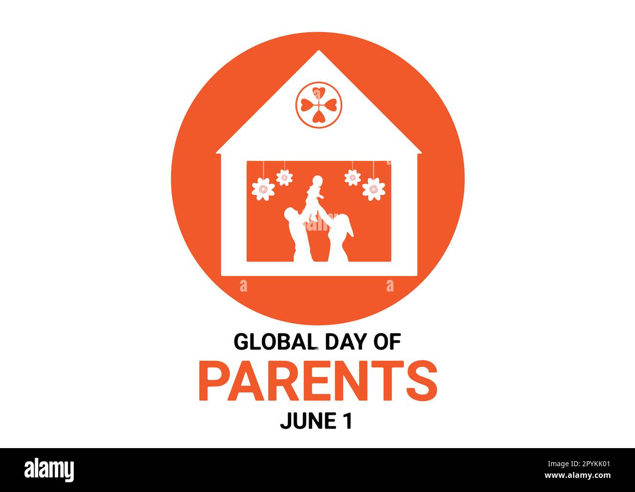 Illustration zum globalen Tag der Eltern. Juni 1. Daddy mit Mama und Kind Icon. Familienfoto mit Haus, Blumen. Eltern und Kinder, einfache Figur Stock Vektor