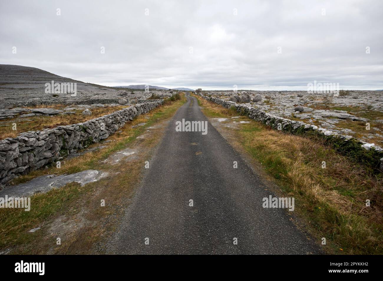 Kleine Landstraße, die durch trockene Steinmauern durch die burren County clare republic of ireland begrenzt wird Stockfoto