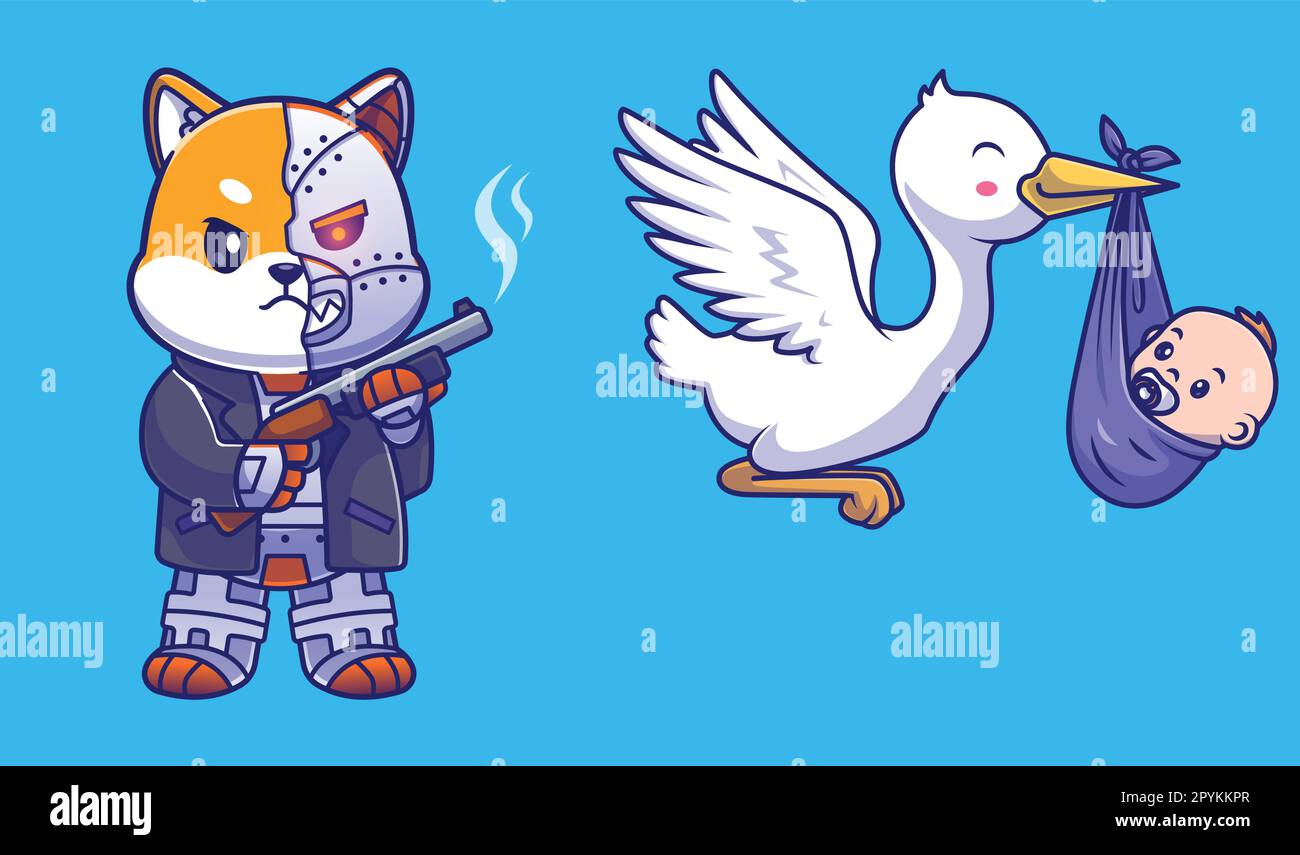 Süßer shiba inu-Roboter Cyborg mit Pistole Cartoon-Vektorsymbol-Abbildung. Tiertechnologie-Ikone Stock Vektor