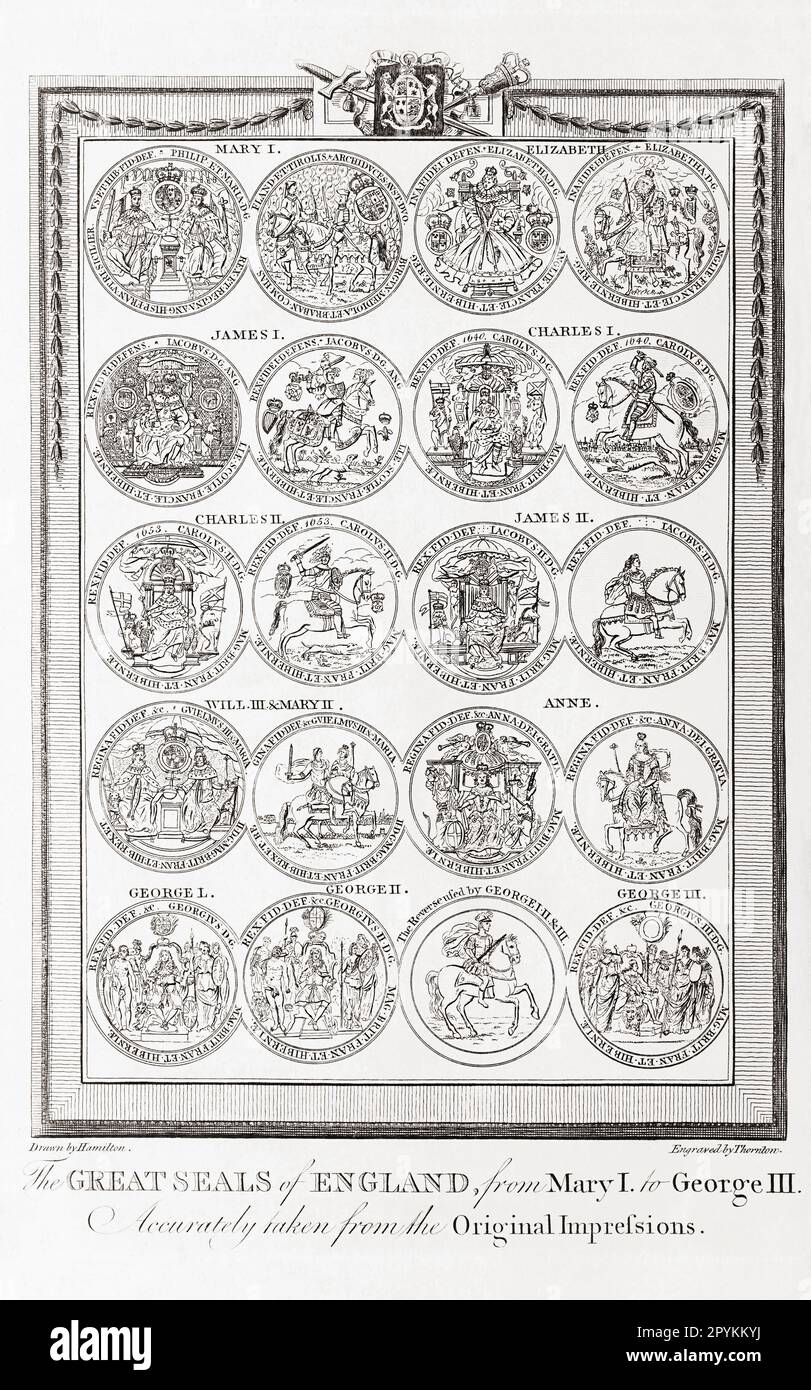 Die großen Siegel von England von Mary I bis George III Nach einer Gravur aus der Neuen, unparteiischen und vollständigen Geschichte Englands von Edward Barnard, veröffentlicht 1783 in London. Stockfoto