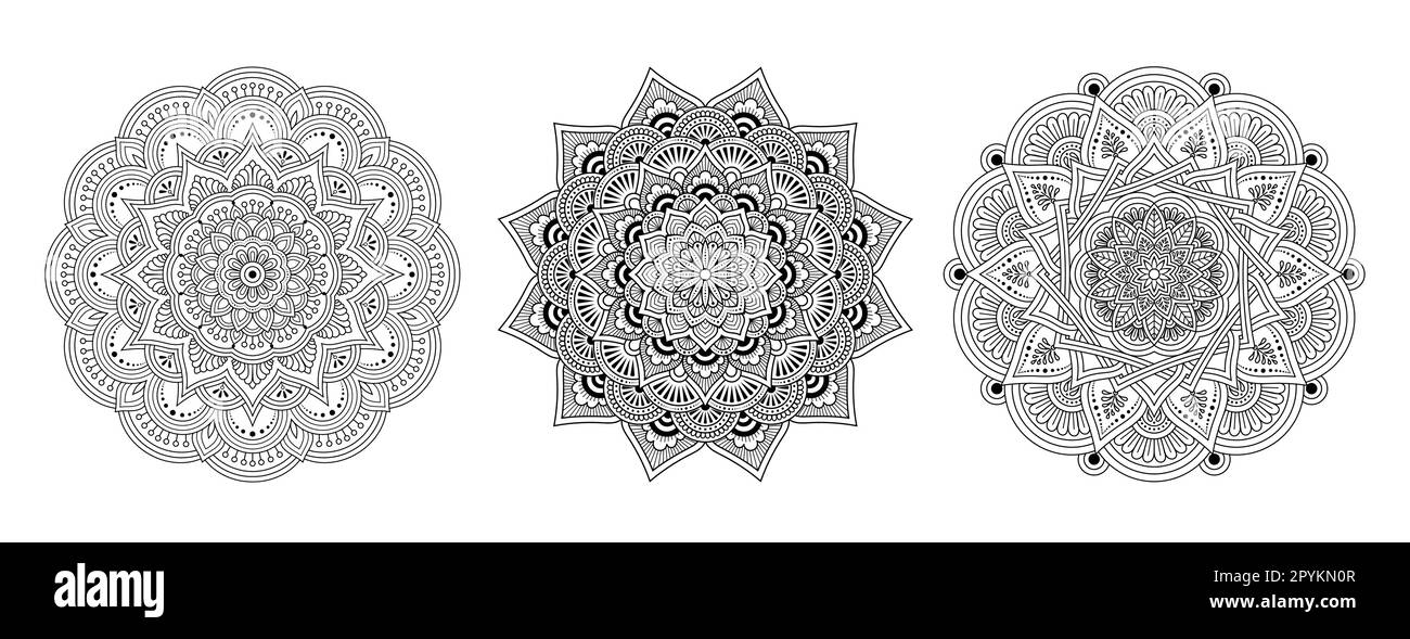 Mandala-Set, schwarz-weiße Strichkunst für Malbuch. Dekorative runde Ornamente. Ungewöhnliche Blumenform. Stock Vektor