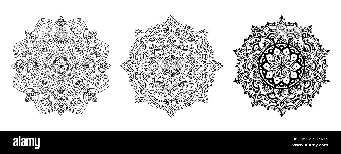 Mandala Mehndi Blumenmuster für Henna-Zeichnung und Tätowierung, Muster, orientalische Logos Vektor. Stock Vektor