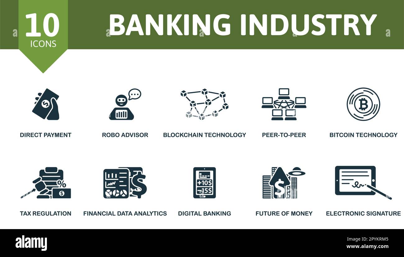 Überblick über das Bankwesen. Kreative Symbole: Direktzahlung, Robo Advisor, Blockchain-Technologie, Peer-to-Peer, Bitcoin-Technologie, Steuervorschriften Stock Vektor