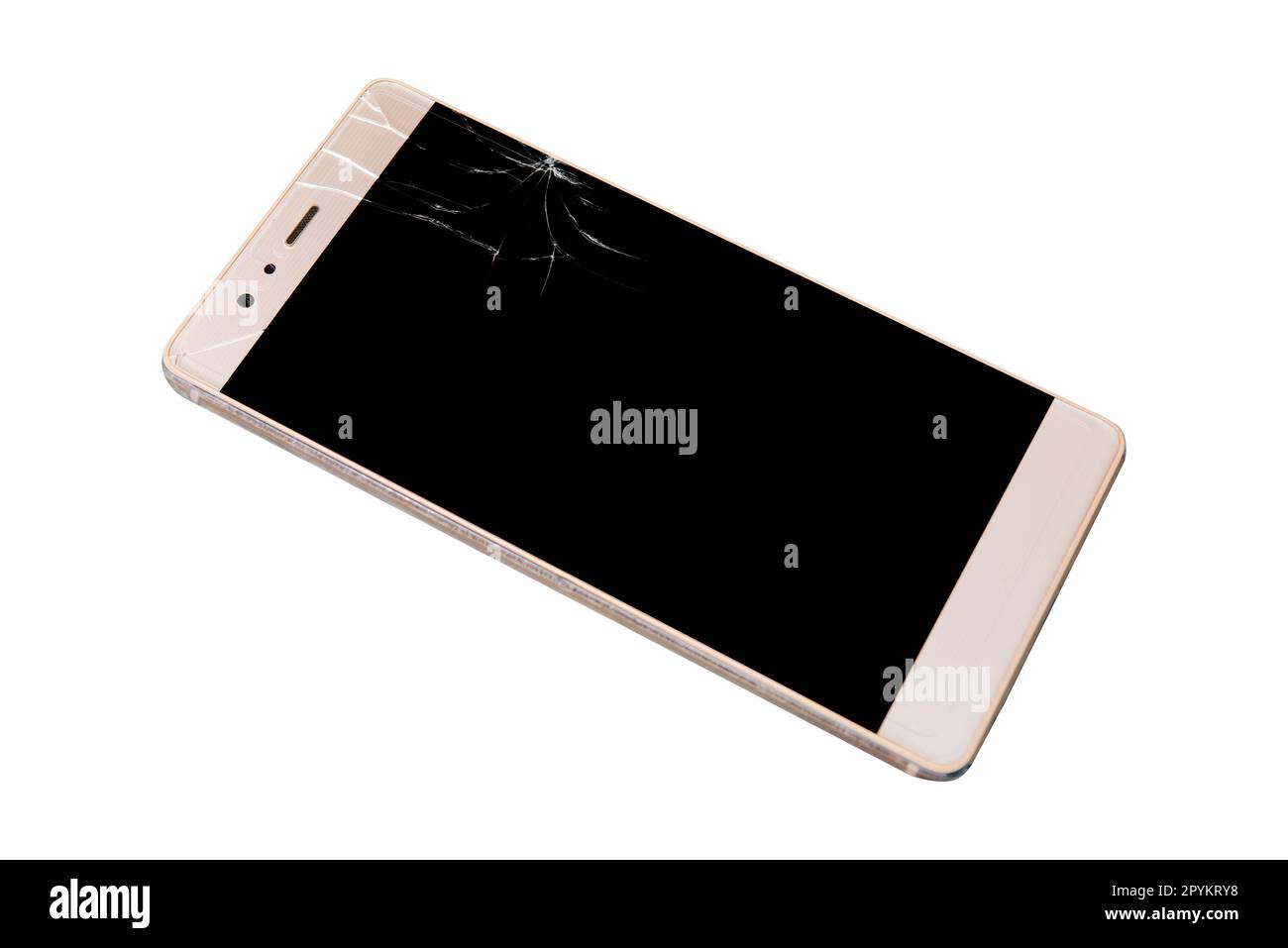 Smartphone mit defektem Display auf weißem Hintergrund. Beschneidungspfad Stockfoto