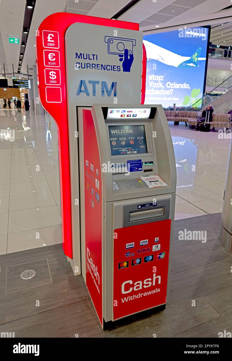 Geldautomat in Rot und Grau, Pfund Sterling, US-Dollar, Euro-Wechselautomat Stockfoto