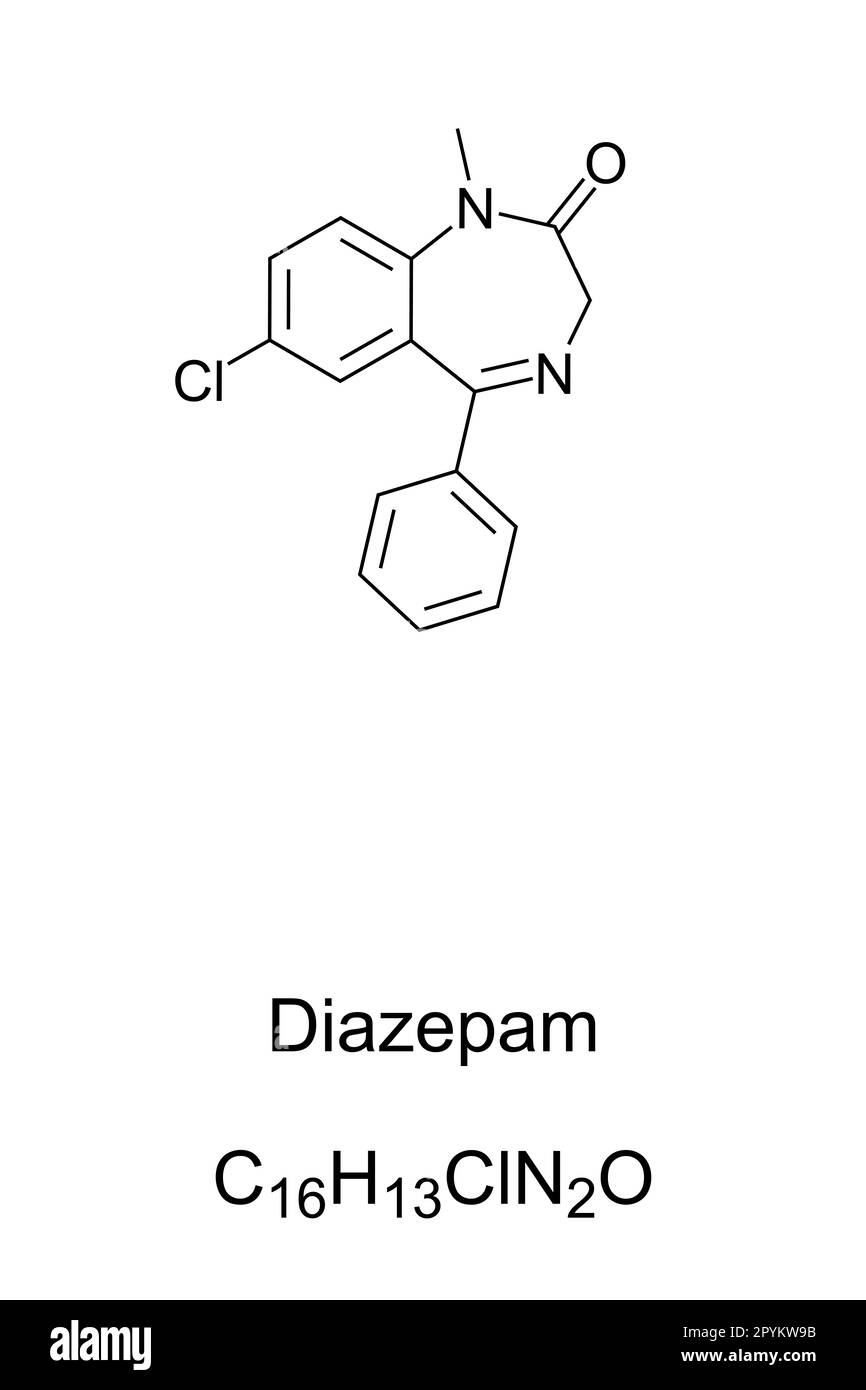 Diazepam, chemische Formel und Struktur. Bekannt als Valium, ein Medikament aus der Benzodiazepin-Familie, ein Angstmittel zur Behandlung von Angstzuständen, Schlaflosigkeit usw. Stockfoto
