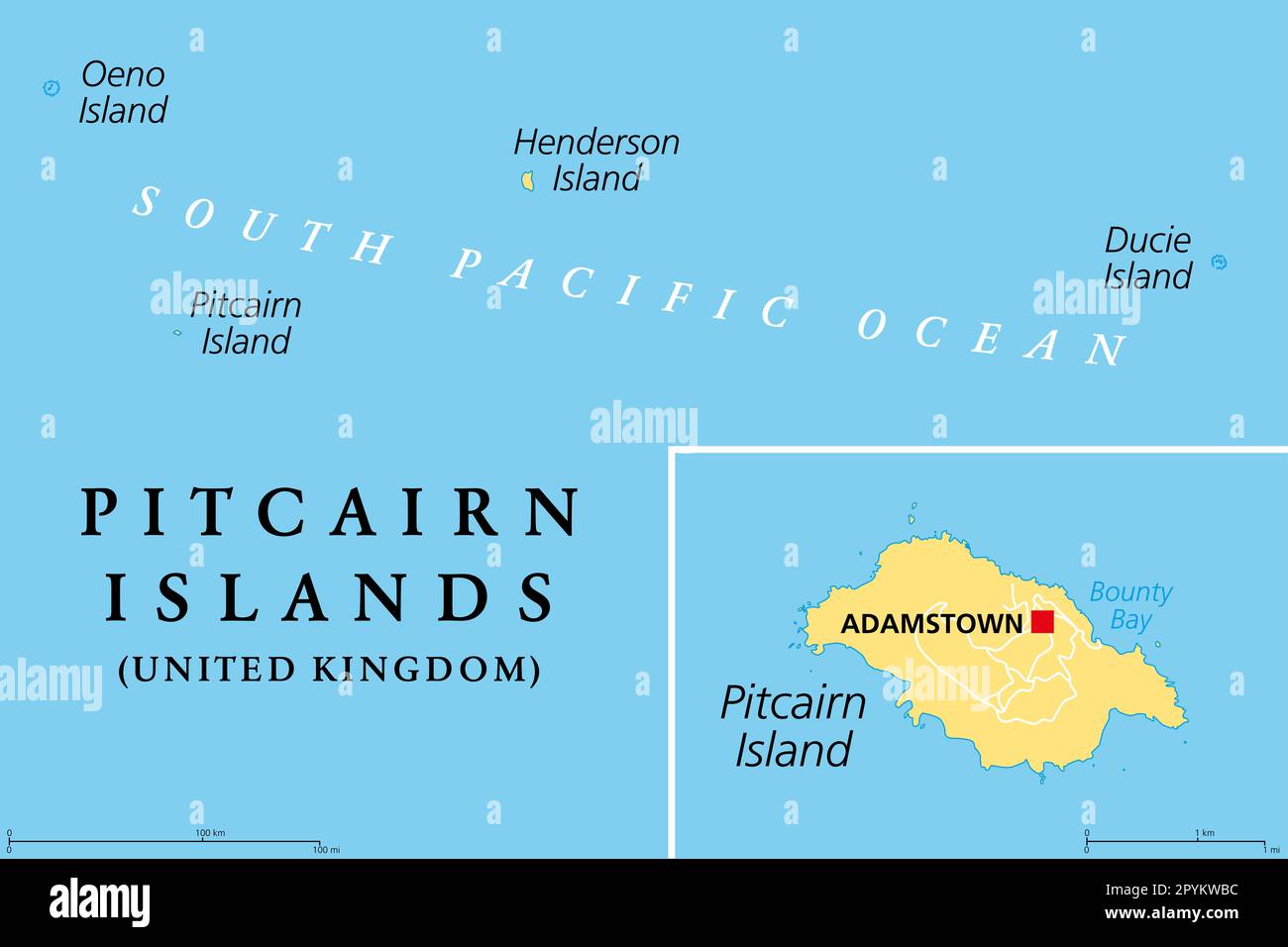 Pitcairninseln, ein britisches Überseegebiet, politische Landkarte. Pitcairn, Henderson, Ducie und Oeno. Gruppe vulkanischer Inseln im Südpazifik. Stockfoto