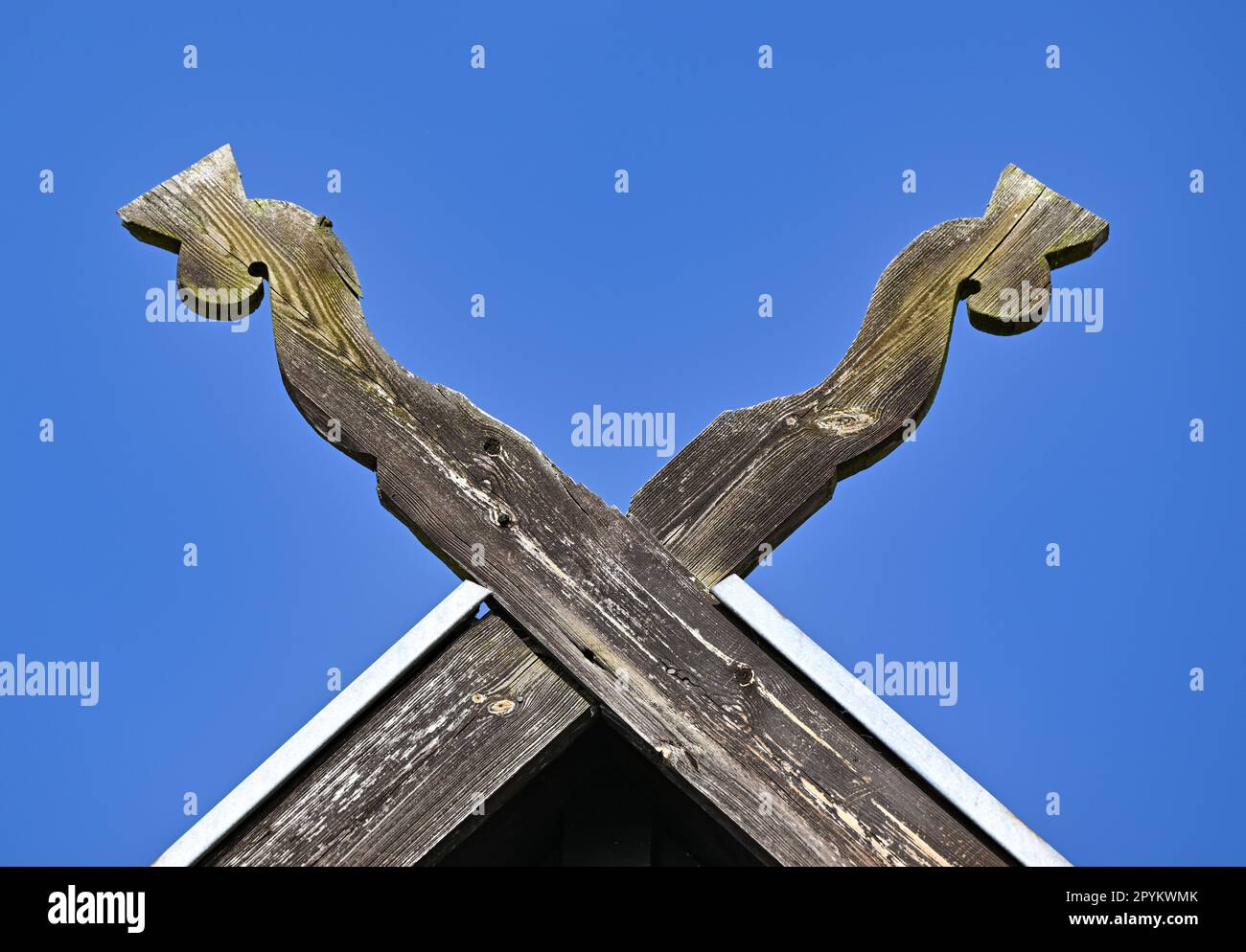 Burg, Deutschland. 03. Mai 2023. Auf dem Giebel eines Hausdachs ist das Symbol gekreuzter Schlangenköpfe. Viele Spreewaldhäuser haben Schlangenköpfe auf dem Hügel gekrönt. Diese Dekorationen auf den Windlatten, die normalerweise die Schilfdächer schließen, sind seit der Antike Symbole für Schutz und Glück. Kredit: Patrick Pleul/dpa/Alamy Live News Stockfoto