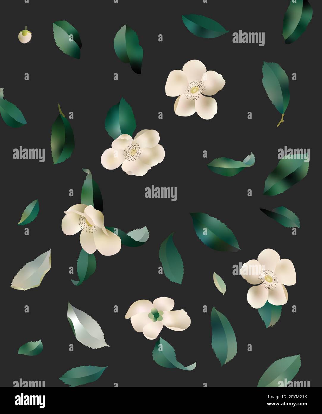 digitale vektordarstellung weißer Blumenmuster mit nahtlosen Blättern Stock Vektor