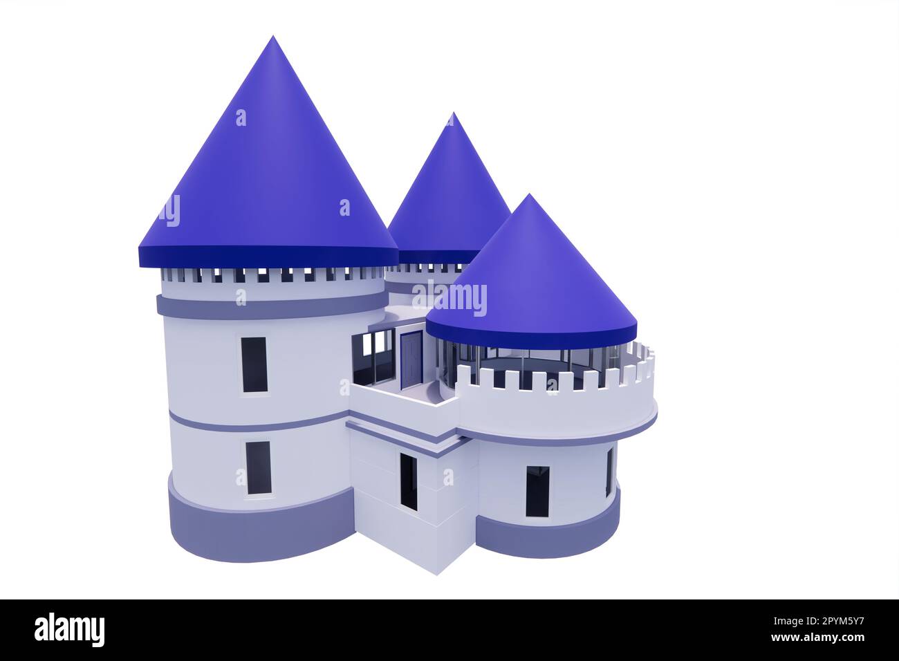 ilustration 3D-Rendering-Modell einer modernen minimalistischen, blau-violetten Burg Stockfoto