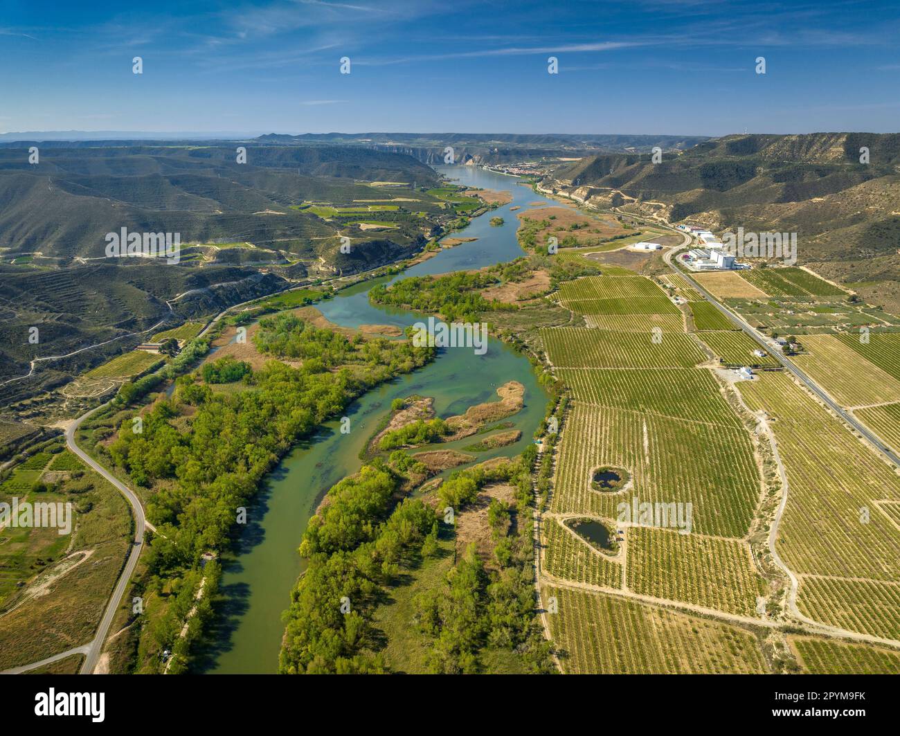 Luftaufnahme des Zusammenflusses zwischen den Flüssen Segre, Cinca und Ebro im Frühjahr (Segrià, Lleida, Katalonien, Spanien) Stockfoto