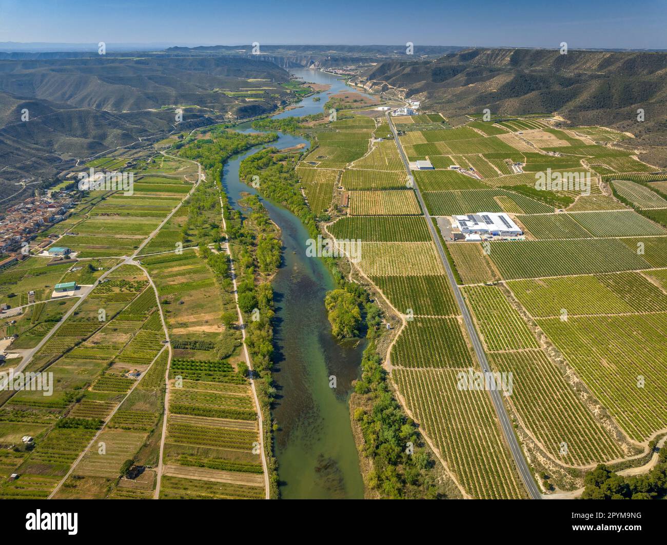 Luftaufnahme des Zusammenflusses zwischen den Flüssen Segre, Cinca und Ebro im Frühjahr (Segrià, Lleida, Katalonien, Spanien) Stockfoto