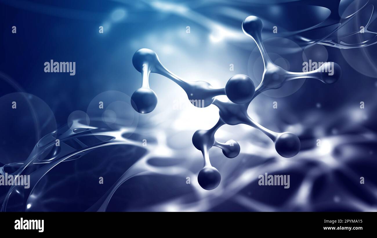 Abbildung des Moleküls 3D. Medizinische Entwicklungen. Kristallgitter unter dem Mikroskop. Zelltherapie. Laborexperimente und Forschung. Nanostrukturen Stockfoto